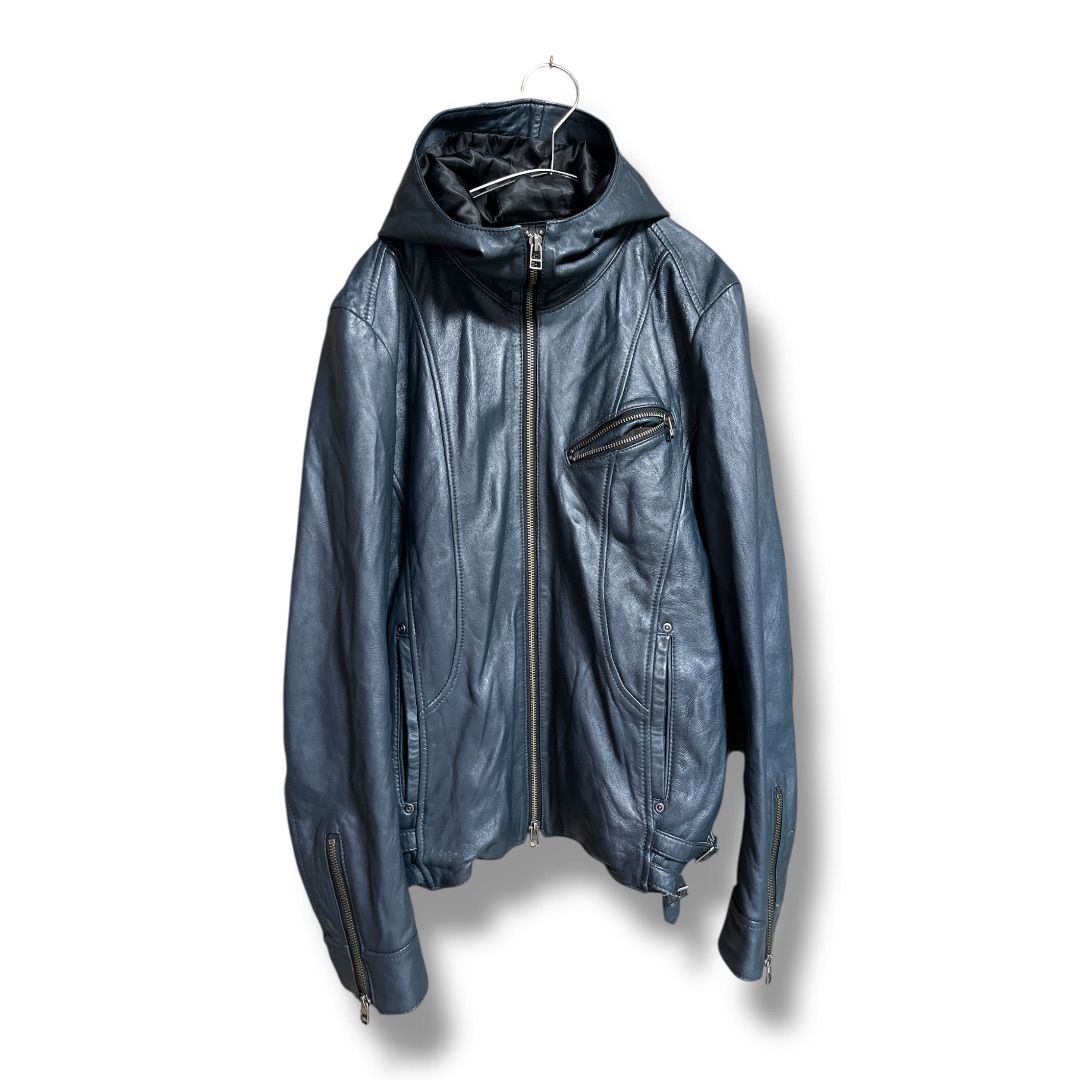EDGE RUPERT エッジルパート ラムレザー ジップアップジャケット 羊革 シープスキン 上着 アウター フード付き Y 2 K メンズ サイズXL ネイビー 秋 44 No.K 842