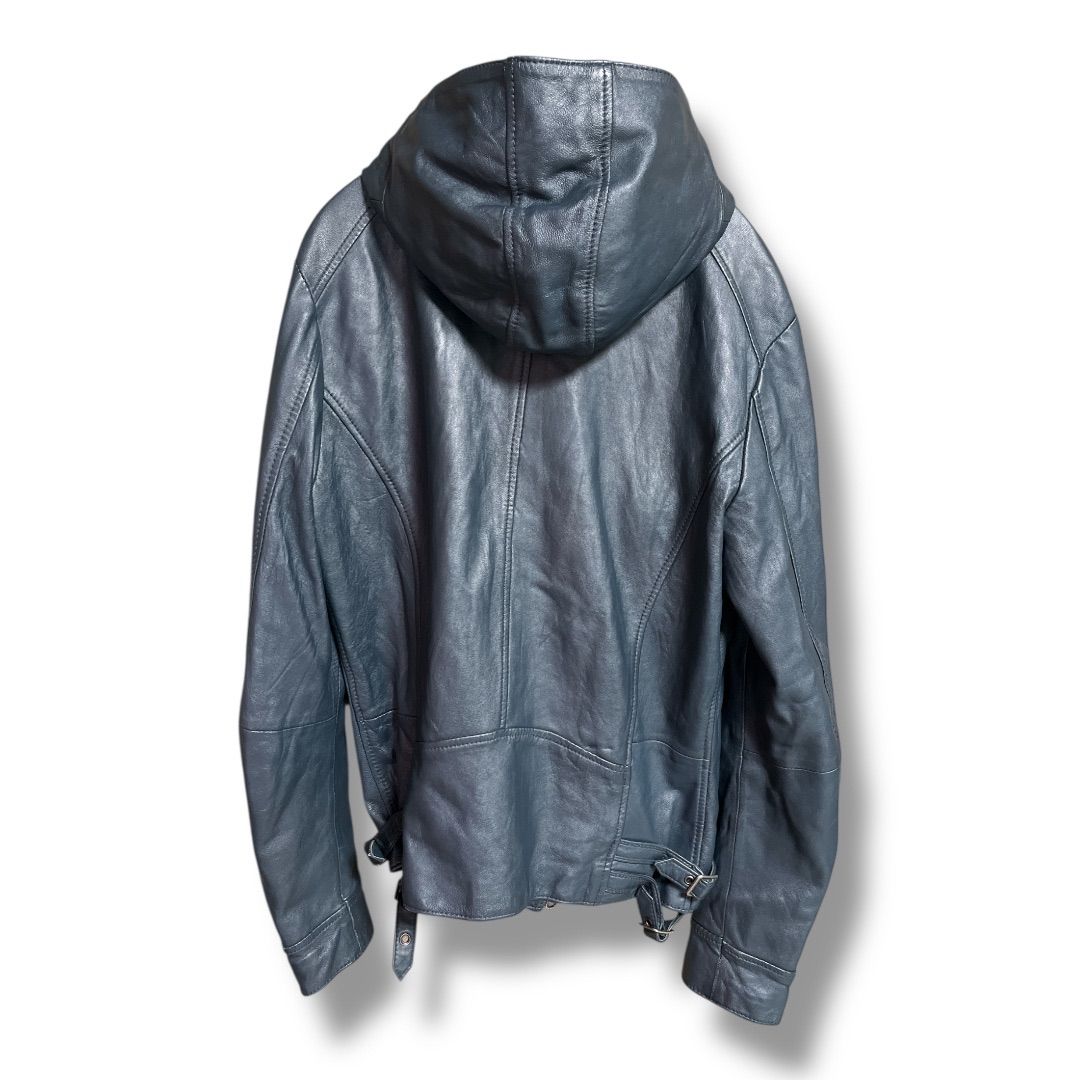 EDGE RUPERT エッジルパート ラムレザー ジップアップジャケット 羊革 シープスキン 上着 アウター フード付き Y2K メンズ サイズXL ネイビー 秋 久喜倉庫店 44 No.K842Y