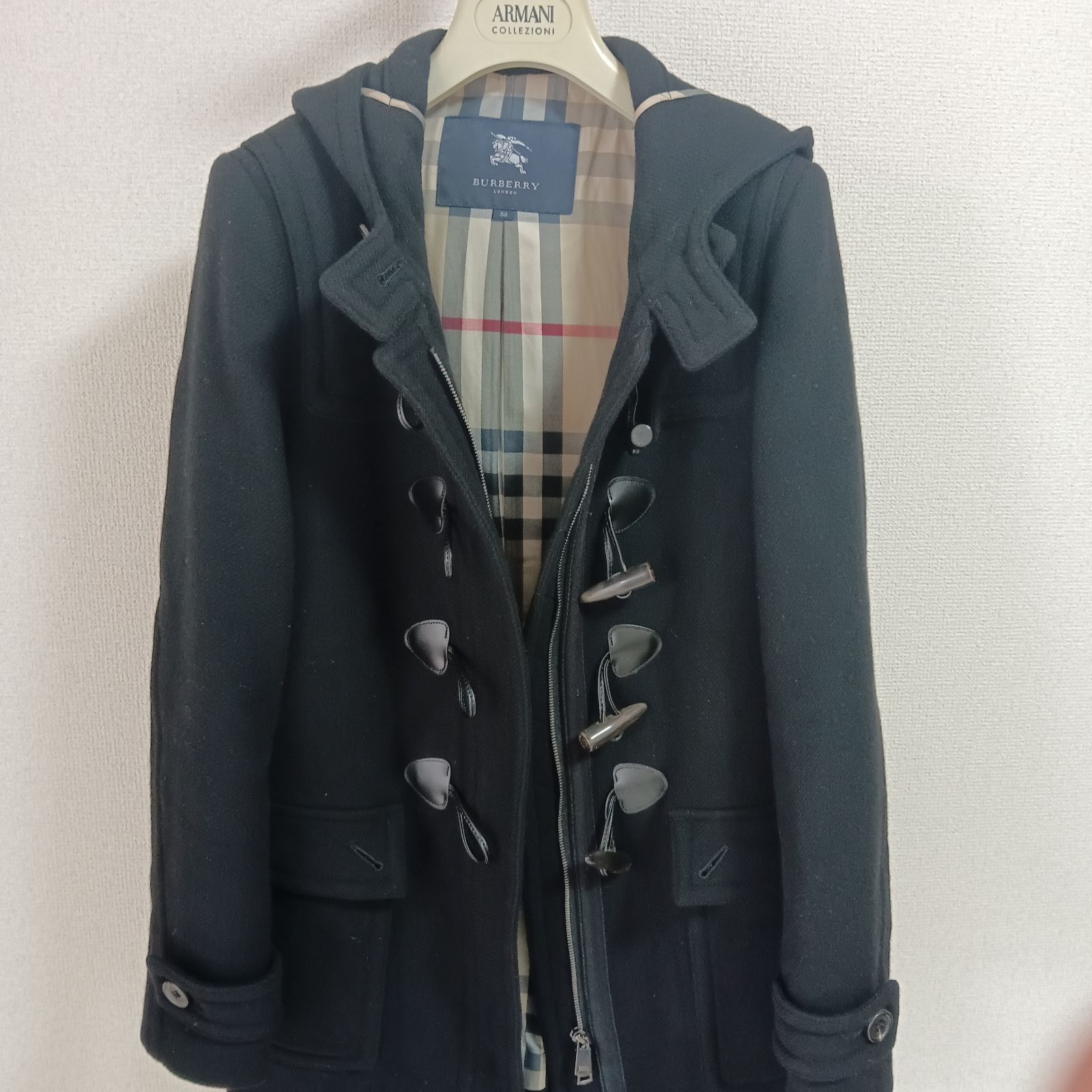 BURBERRY LONDON バーバリーロンドン レディース ダッフルコート Mサイズ ブラック 表面 ベージュ チェック柄 裏面