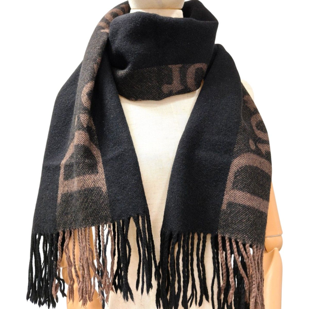 Christian Dior ディオール ロゴ柄 フリンジ マフラー ウール カシミヤ