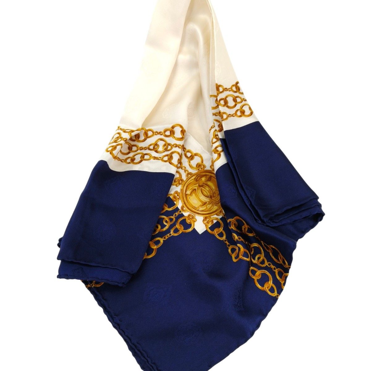 CHANEL シャネル チェーン柄 ココマーク スカーフ シルク ネイビー×ホワイト 管理番号 10494