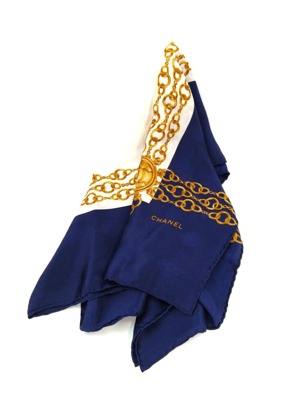CHANEL シャネル チェーン柄 ココマーク スカーフ シルク ネイビー×ホワイト 管理番号 10494