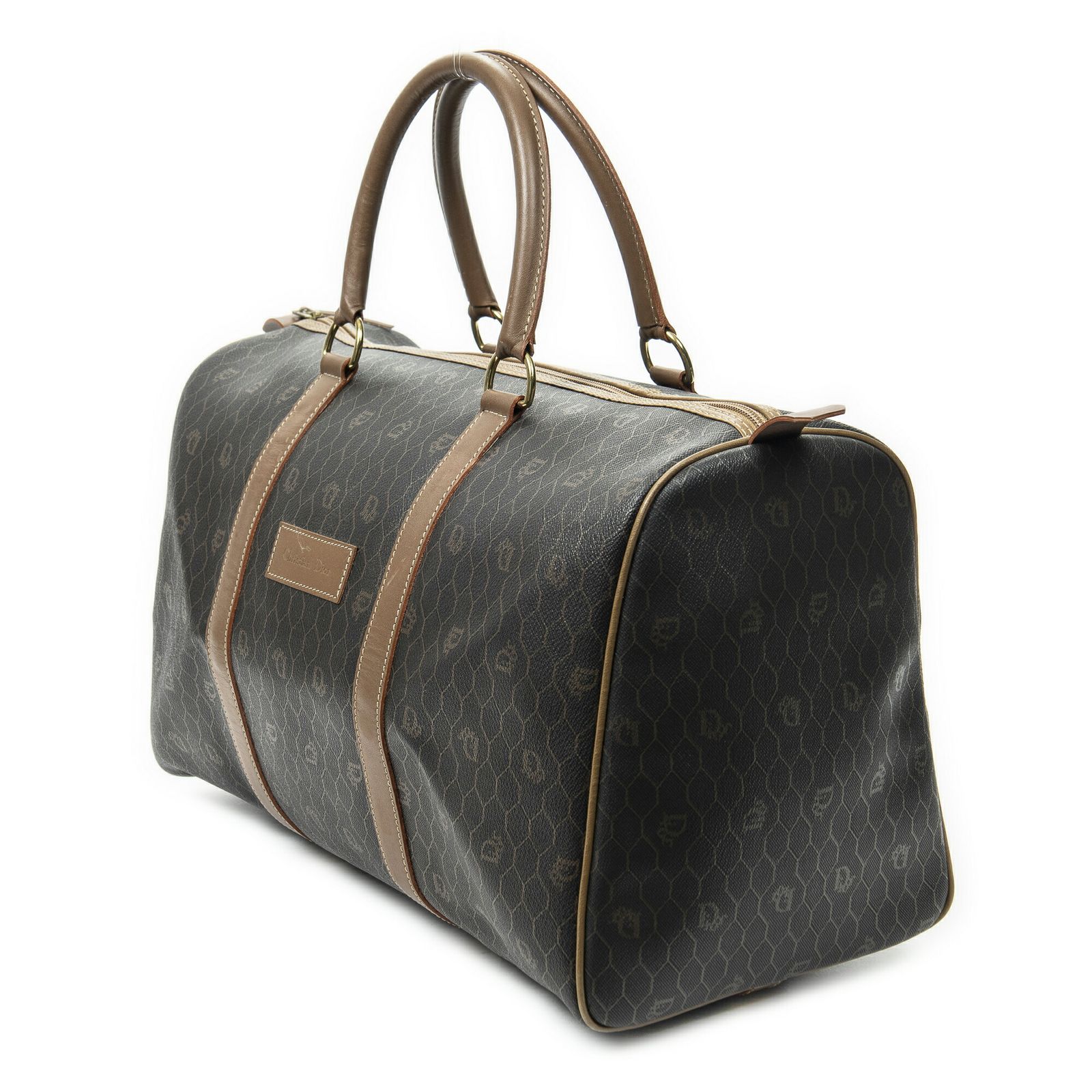 DIOR ディオールヴィンテージ ラージ トラベル ボストン茶色マカダムPVCキャンバスA