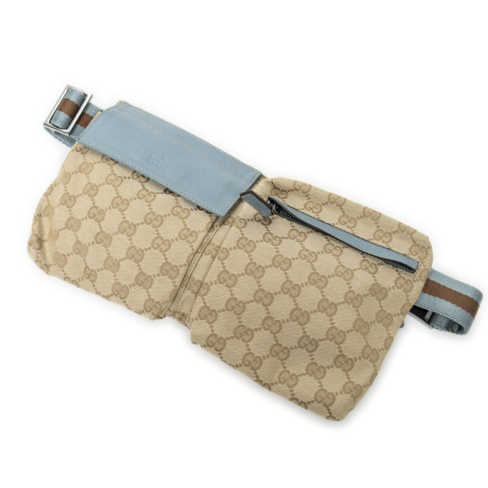 GUCCI グッチウエストポーチベージュ ブルーGGキャンバスA