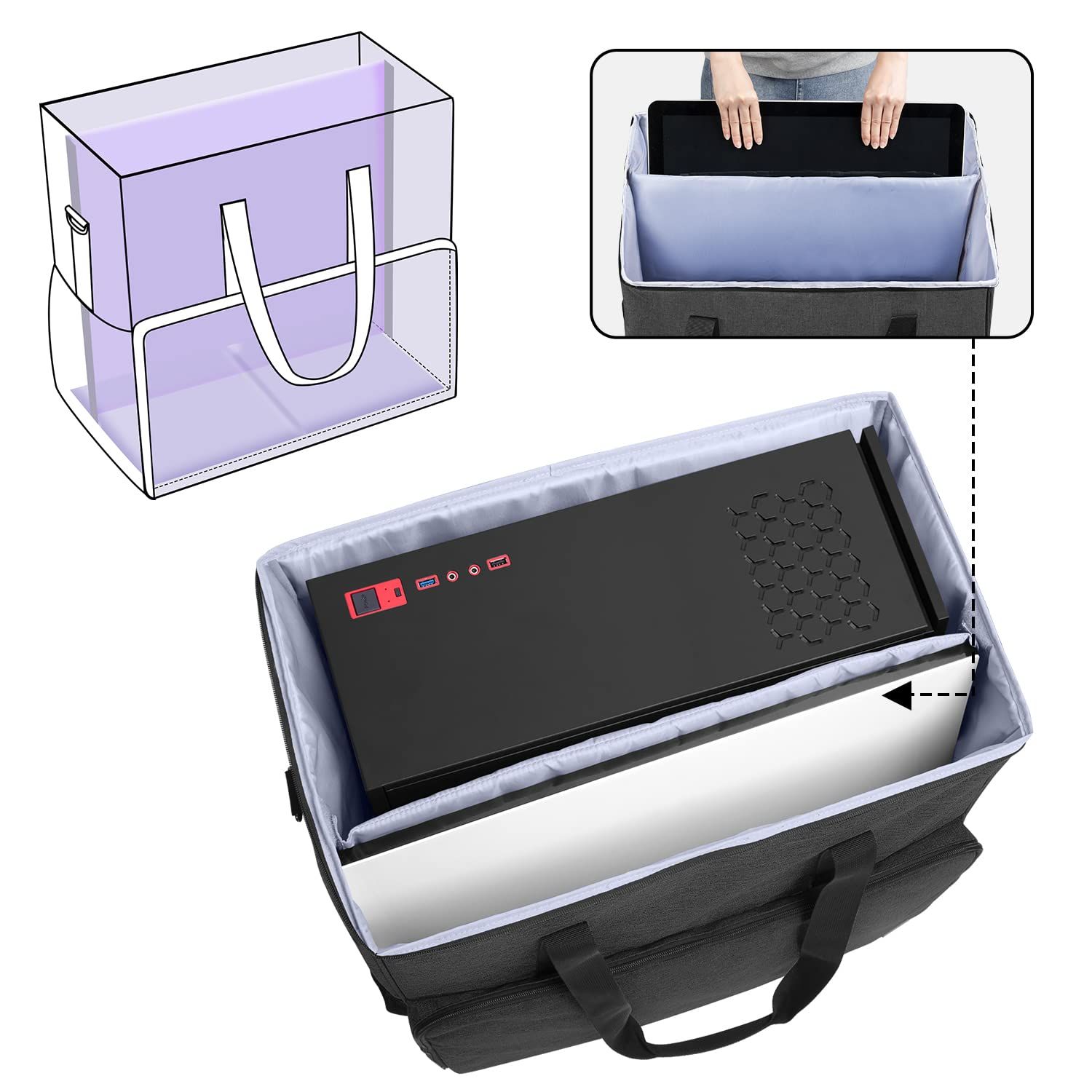 CURMIO デスクトップパソコン用キャリングケース コンピュータータワー用バッグ タワー型パソコン 持ち運び PC モニター収納可 黒