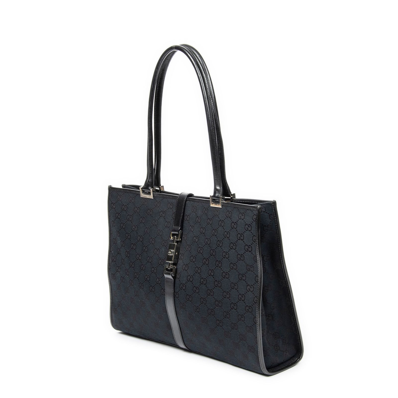 GUCCI グッチラージスクエアバンブートートバッグ黒GGキャンバスA