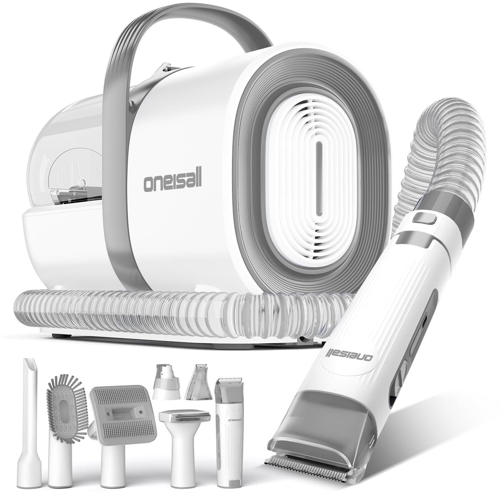 ブラシと掃除機一体型 Oneisall 犬 バリカン 吸引式 7 in 1 猫美容器 ペット用掃除機 付きブラシ ペットグルーミングセット 電動バリカン 猫用品 抜け毛対策 grey
