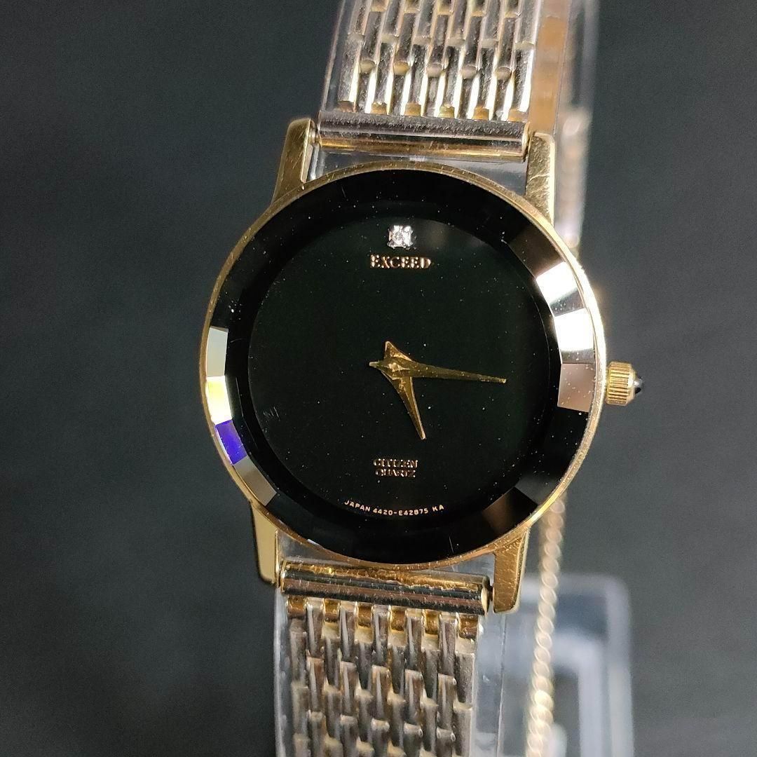753-14 CITIZEN シチズン エクシード ブラック シルバー ゴールド 1 P ダイヤ カットガラス クォーツ 電池式 レディース 時計 4220-E 41332