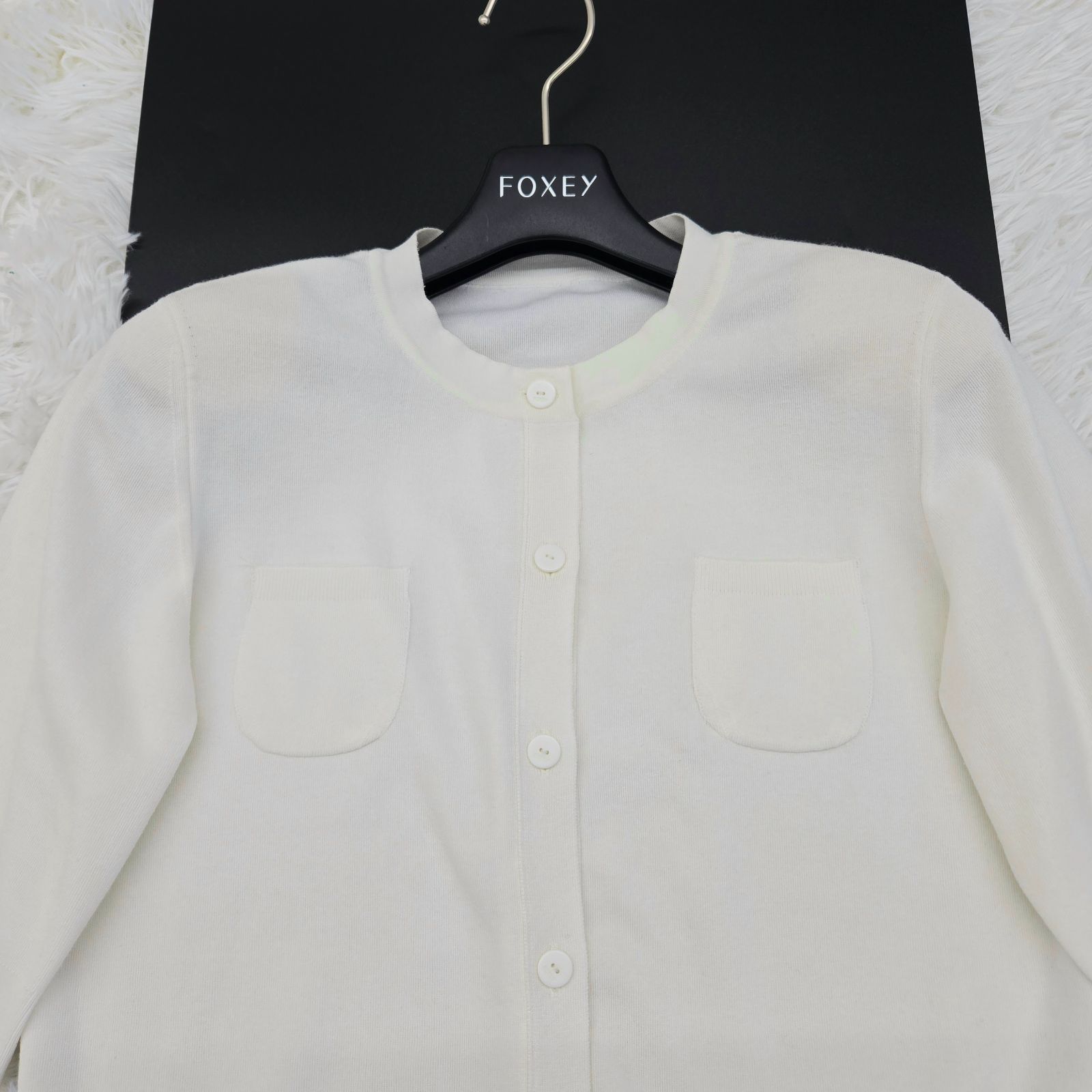 FOXY フォクシー カーディガン オードリナ 五分袖 ロゴボタン ポケット