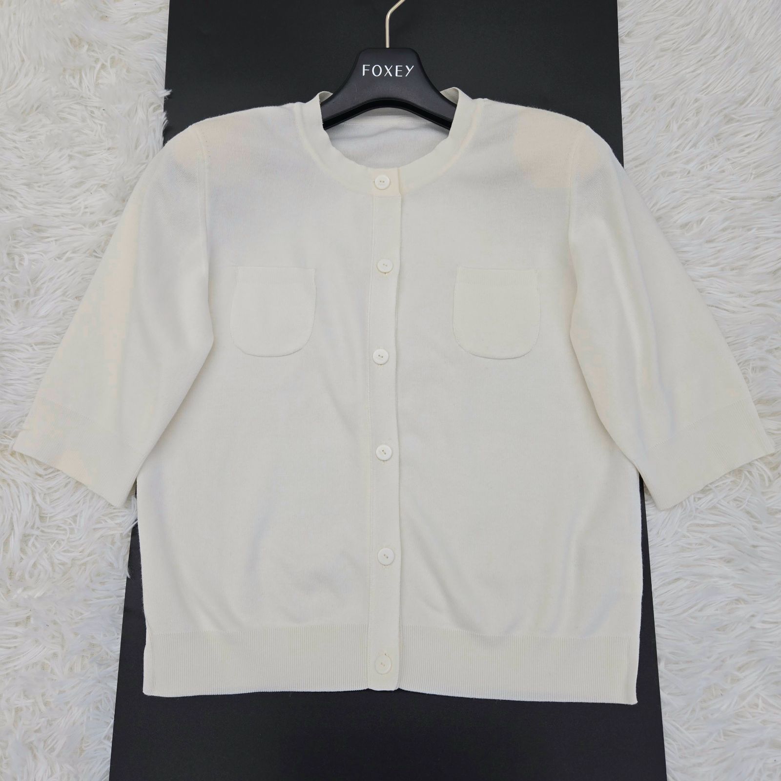 FOXY フォクシー カーディガン オードリナ 五分袖 ロゴボタン ポケット付き 38 Mサイズ相当 ホワイト系
