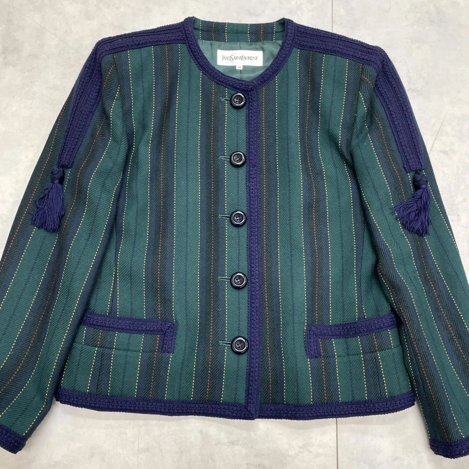 YVES SAINT LAURENT イヴサンローラン ノーカラージャケット フリンジ