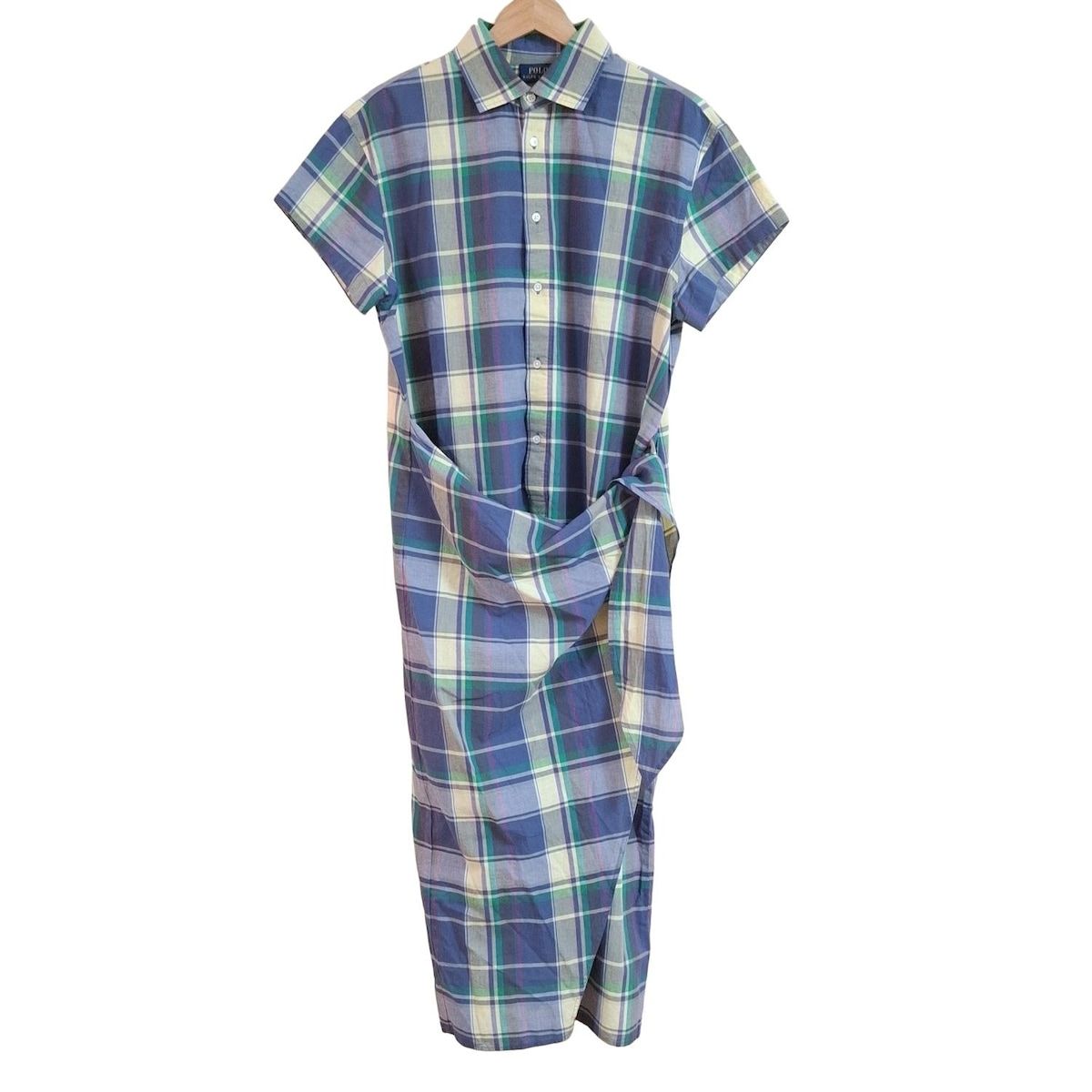 ポロラルフローレン ワンピース サイズ8 M レディース - ブルー×アイボリー×マルチ 開襟 半袖 ロング チェック柄 シャツワンピ
