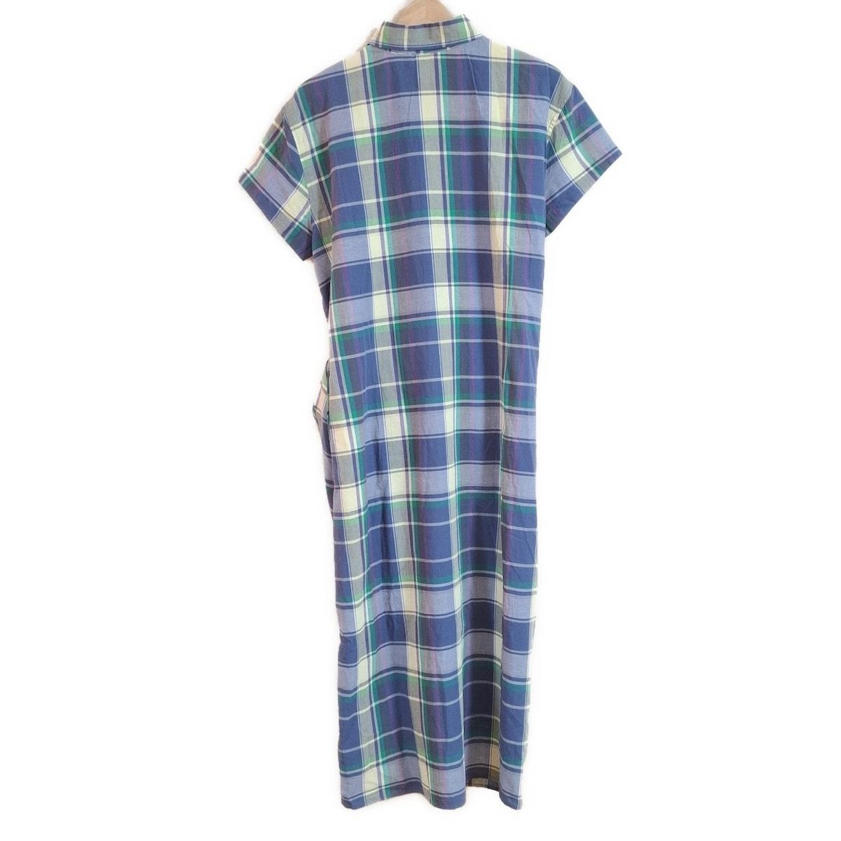 ポロラルフローレン ワンピース サイズ8 M レディース - ブルー×アイボリー×マルチ 開襟 半袖 ロング チェック柄 シャツワンピ