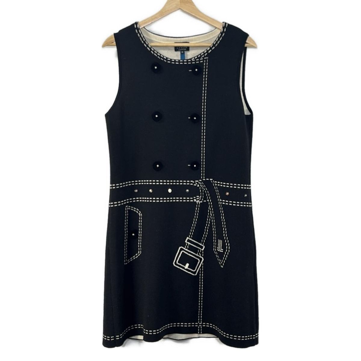 ランバン ワンピース サイズ38 M レディース - 黒×アイボリー クルーネック ノースリーブ ひざ丈 ニット