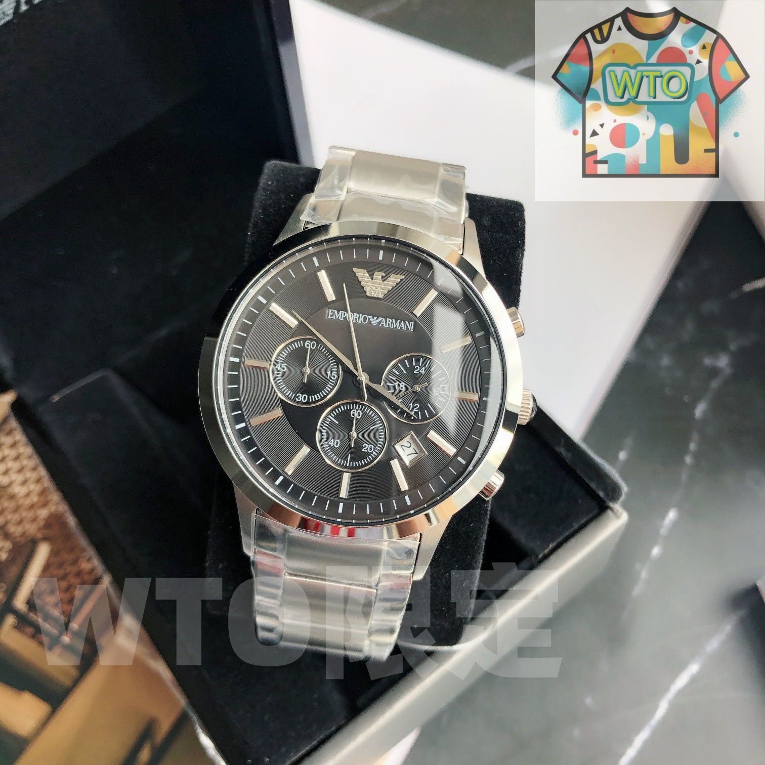  WTO通販 Armani アルマーニ レナートシリーズ 黒いダイヤルの3眼 クォーツ腕時計 WTO輸入 ENH 25 腕時計(デジタル) 時計