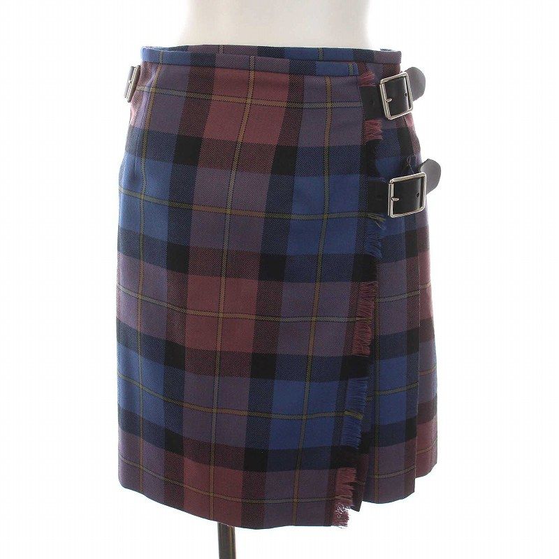 オニール オブ ダブリン O NEIL OF DUBLIN ラップスカート ミニ プリーツ チェック ベルト ウール 40 S 青 ブルー ピンク 紫 黄色 12481 YM BM