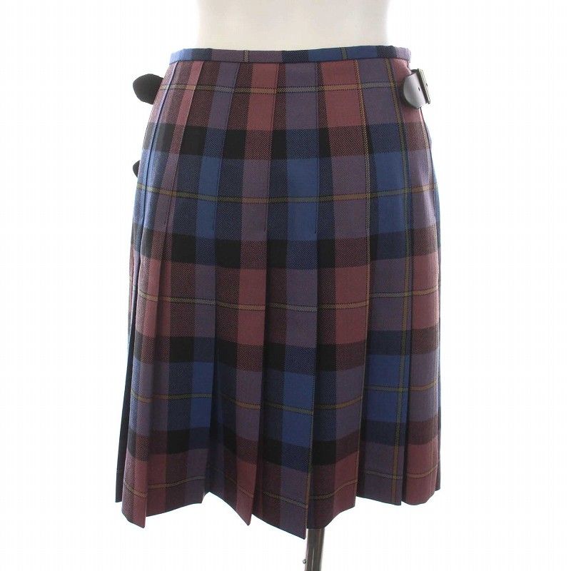 オニール オブ ダブリン O NEIL OF DUBLIN ラップスカート ミニ プリーツ チェック ベルト ウール 40 S 青 ブルー ピンク 紫 黄色 12481 YM BM