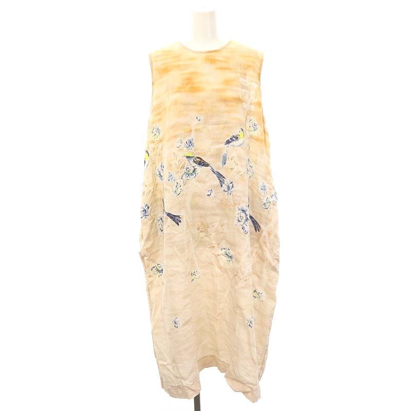 フォーティーファイブアールピーエム 45R 45rpm リネンのあさやけプリント ドレス ワンピース ロング ミモレ丈 ノースリーブ 総柄 オレンジ ライトピンク 青 MI OS SH