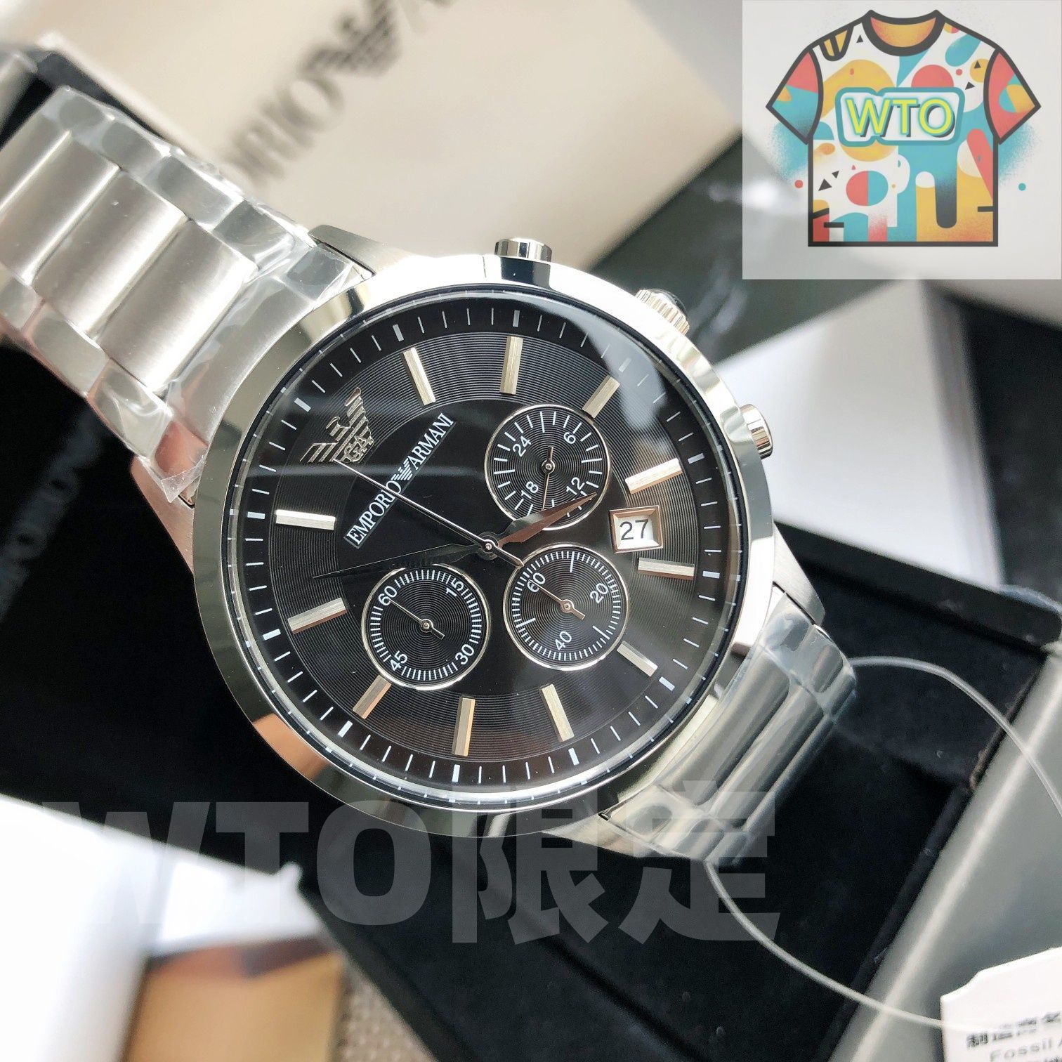 黒いダイヤルの3眼 クォーツ腕時計