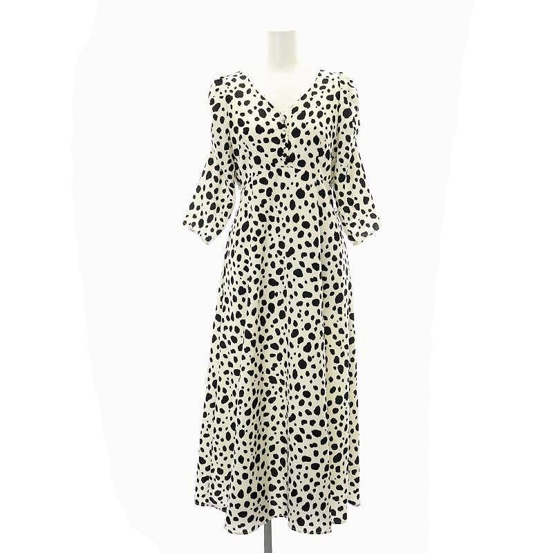 アンドクチュール And Couture 総柄マキシワンピース ロング 五分袖 38 白 黒 HK OS SH