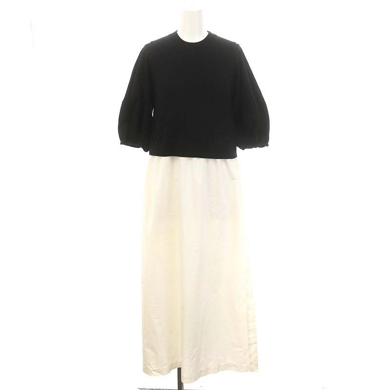 エストネーション ESTNATION 22AW パフニットファブリックコンビワンピース ドッキング ロング 七分袖 スリット F 黒 ブラック オフホワイト ES OS SH