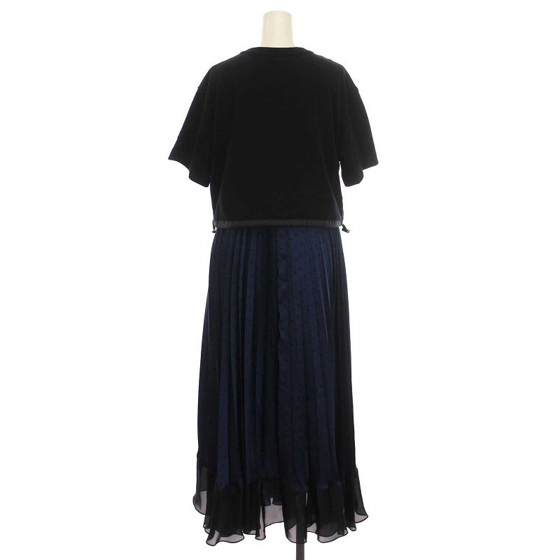 サカイ sacai 23 AW Polka Dot Cotton Jersey Satin Dress コンビドレスワンピース ロング ドット サテン 半袖 2 M 黒 紺 ネイビー 23-06948 YM AA