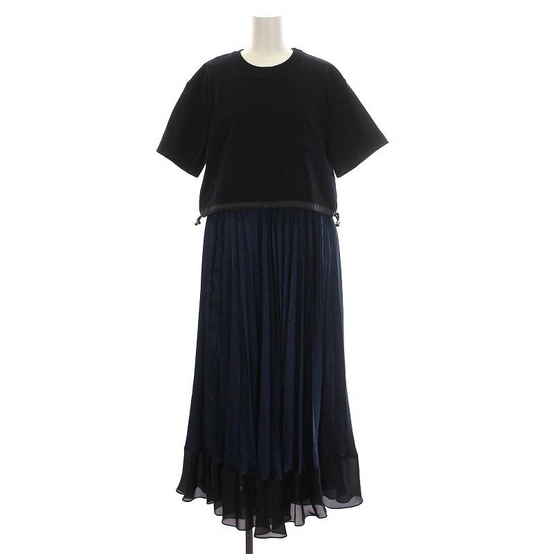 サカイ sacai 23AW Polka Dot Cotton Jersey Satin Dress コンビドレスワンピース ロング ドット サテン 半袖 2 M 黒 紺 ネイビー 23-06948 YM AA