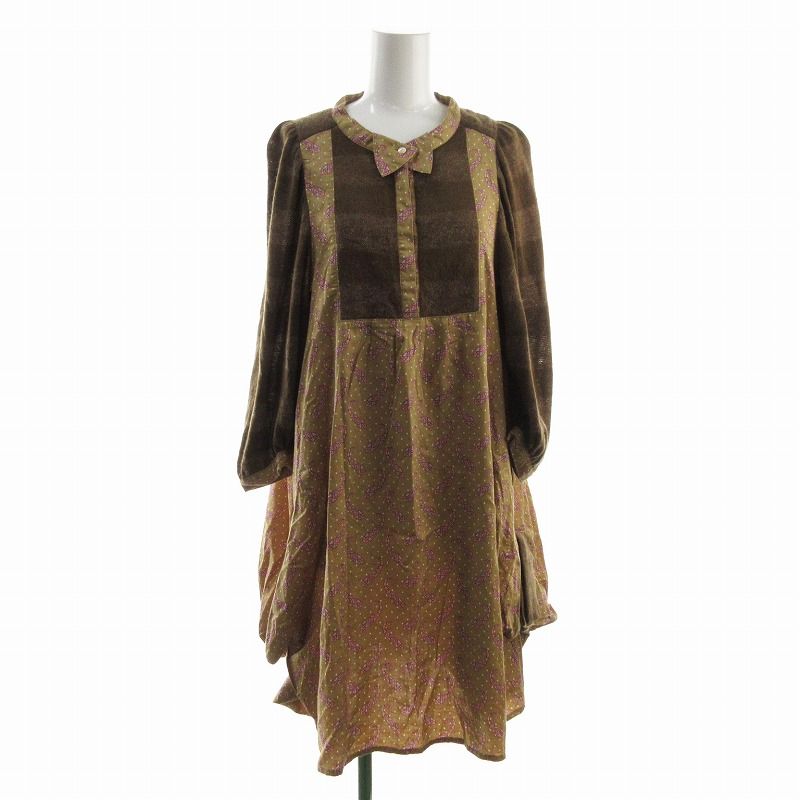 フラボア FRAPBOIS シャツワンピース ロング 長袖 デザイン 切替 総柄 茶色 ブラウン ピンク 1 KJ