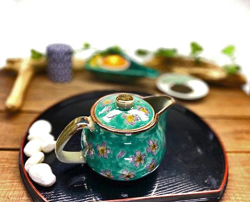 メーカー直送 九谷焼 急須 大 グリーン地桜 裏絵