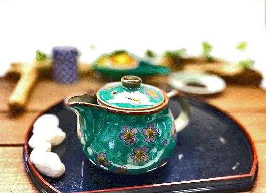 メーカー直送 九谷焼 急須 大 グリーン地桜 裏絵