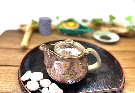 メーカー直送 九谷焼 急須 大 白兎ソメイヨシノ紫塗り 裏絵グリーン