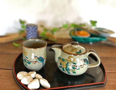 メーカー直送 九谷焼 急須2点セット 小 金糸梅に鳥 裏絵