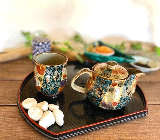 メーカー直送 九谷焼 急須2点セット 小 青粒 金花詰 裏絵