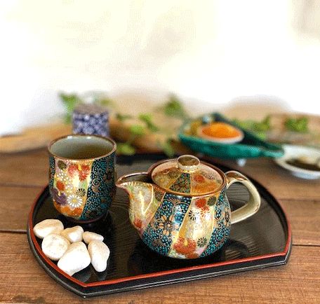 メーカー直送 九谷焼 急須2点セット 小 青粒 金花詰 裏絵