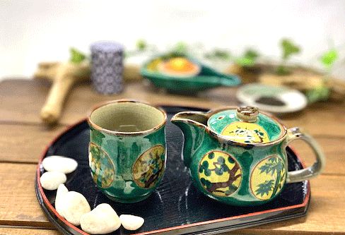 メーカー直送 九谷焼 急須2点セット 小 丸紋松竹梅 緑塗り 裏絵