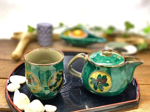 メーカー直送 九谷焼 急須2点セット 小 丸紋松竹梅 緑塗り 裏絵