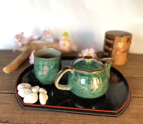 メーカー直送 九谷焼 急須2点セット 小 ソメイヨシノ緑塗り 裏絵