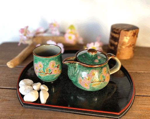 メーカー直送 九谷焼 急須2点セット 小 ソメイヨシノ緑塗り 裏絵