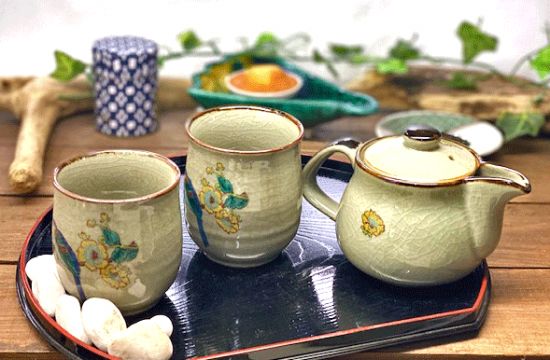 メーカー直送 九谷焼 急須3点セット 小 金糸梅に鳥 裏絵