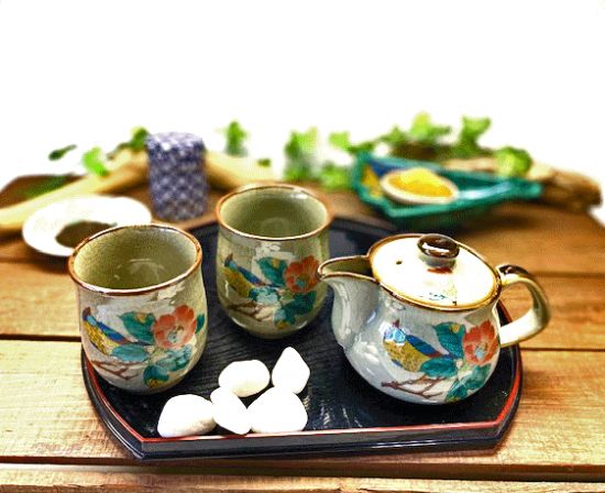 メーカー直送 九谷焼 急須3点セット 小 椿に鳥 裏絵