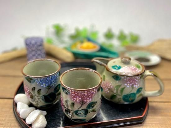 メーカー直送 九谷焼 急須3点セット 小 がく紫陽花 裏絵