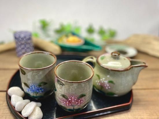 メーカー直送 九谷焼 急須3点セット 小 がく紫陽花 裏絵