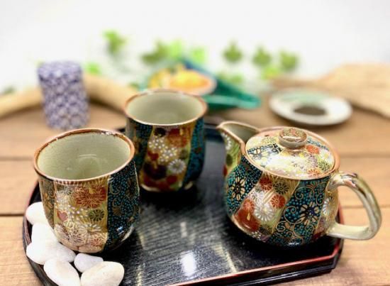 メーカー直送 九谷焼お 急須3点セット 小 青粒 金花詰 裏絵