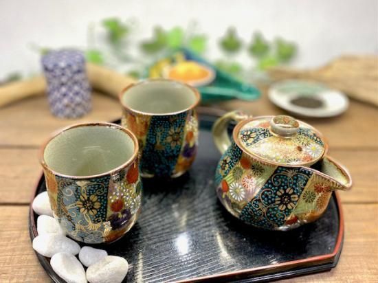 メーカー直送 九谷焼お 急須3点セット 小 青粒 金花詰 裏絵