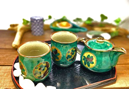 メーカー直送 九谷焼 急須3点セット 小 丸紋松竹梅 緑塗り 裏絵