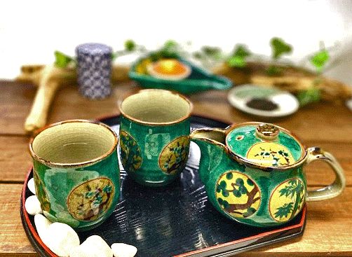 メーカー直送 九谷焼 急須3点セット 小 丸紋松竹梅 緑塗り 裏絵