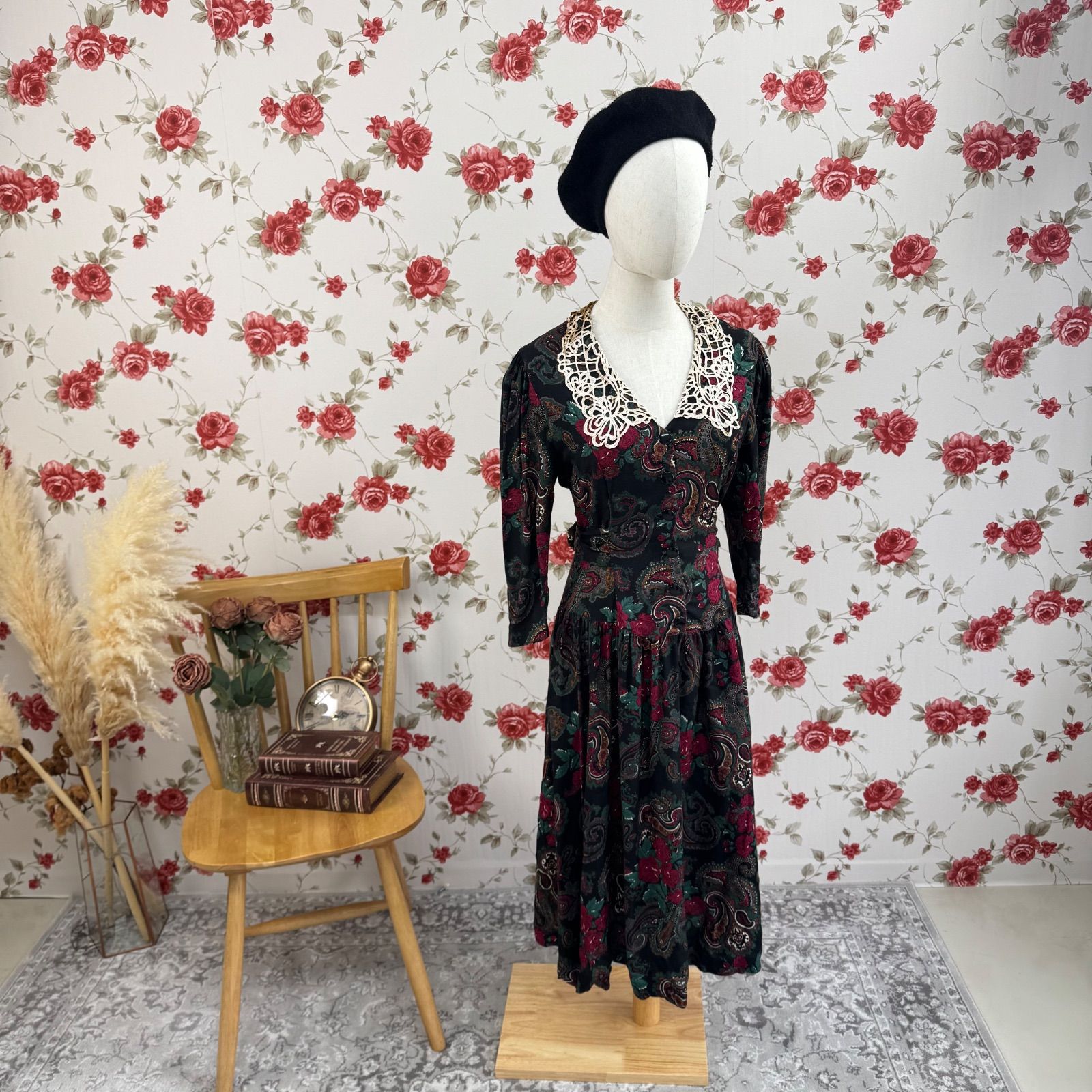 USA製 JT DRESS レーヨンワンピース ペイズリー×ローズ柄 レース襟付き 