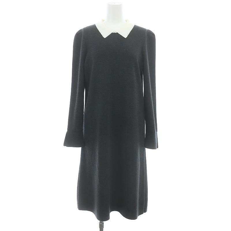 エストネーション 23 AW 衿付きニットワンピース ロング 長袖 F グレー オフホワイト DO OS