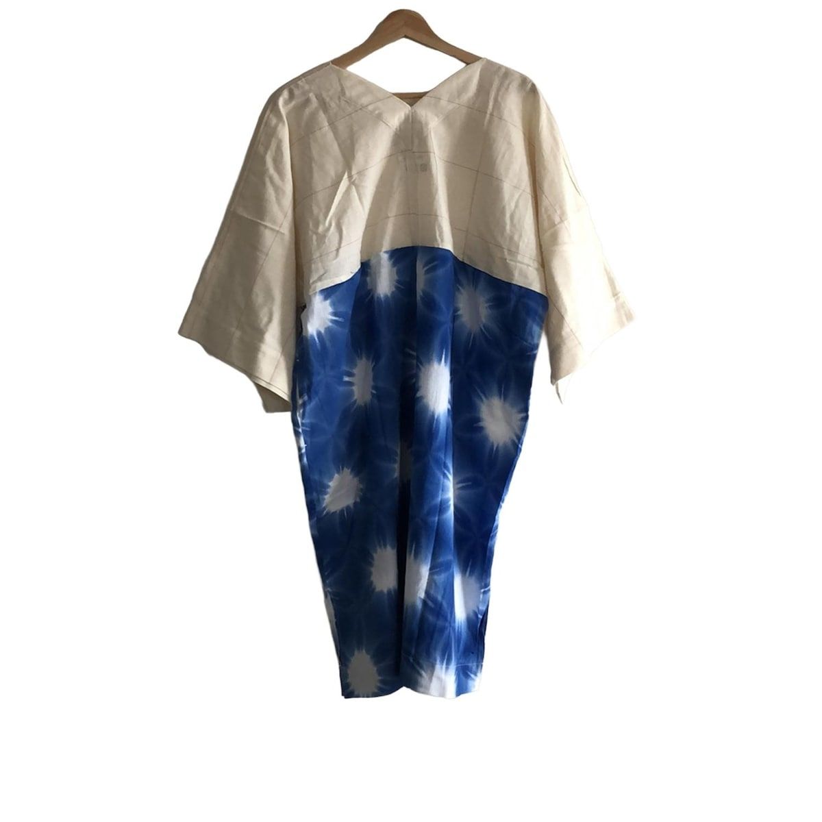 SOU ソウソウ ワンピース サイズS レディース - ブルー×アイボリー×白 Vネック 七分袖 ひざ丈