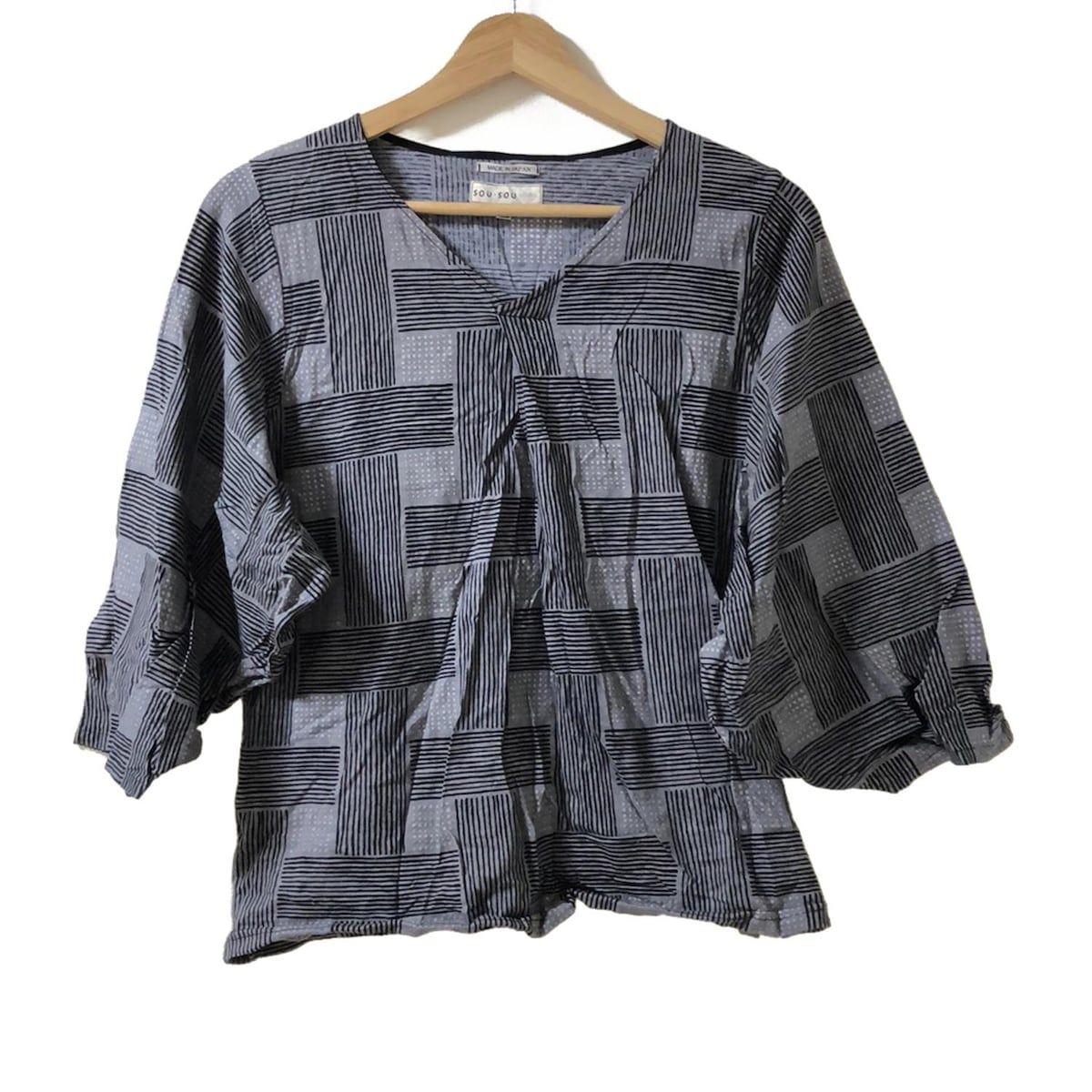 SOU SOU ソウソウ 七分袖カットソー サイズS レディース - ダークグレー×黒×グレー Vネック チェック柄 ドット柄